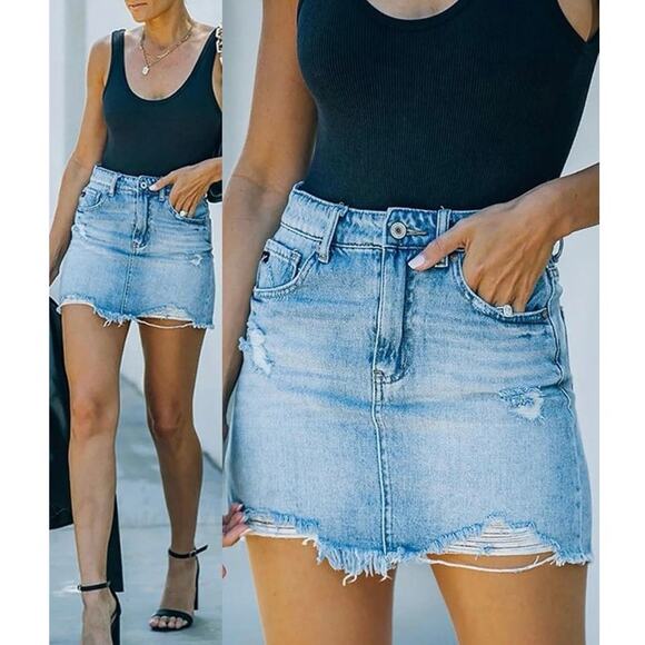 Gobles Mid Waist‎ Zipper Closure Frayed Raw Hem Ripped Mini Denim Skirt Medium - Picture 12 of 12